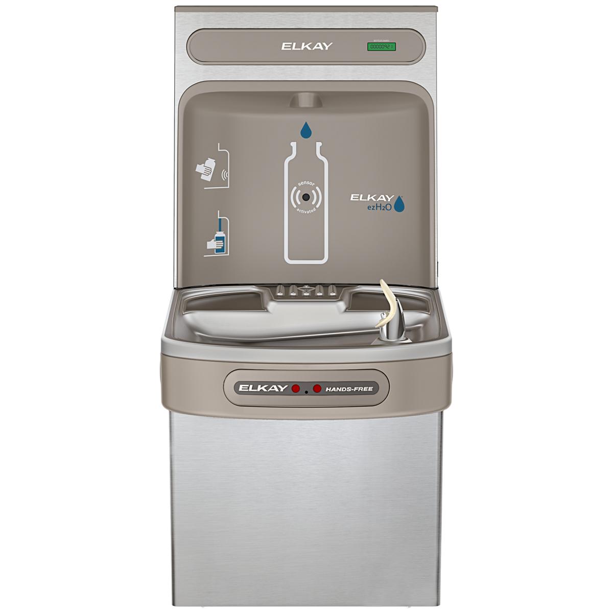 Stainless steel Elkay water bottle filling station with hands-free activation, refrigerated cooler, and front-facing bottle f