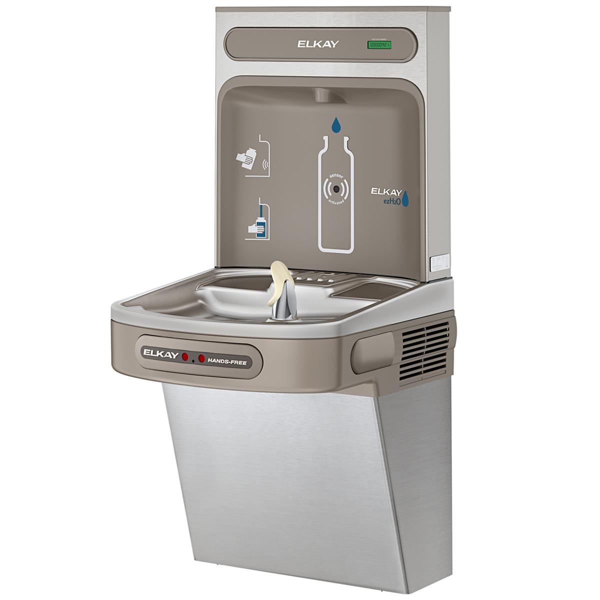 Elkay stainless steel bottle filling station with integrated cooler, hands-free activation, and basin for drinking water.
