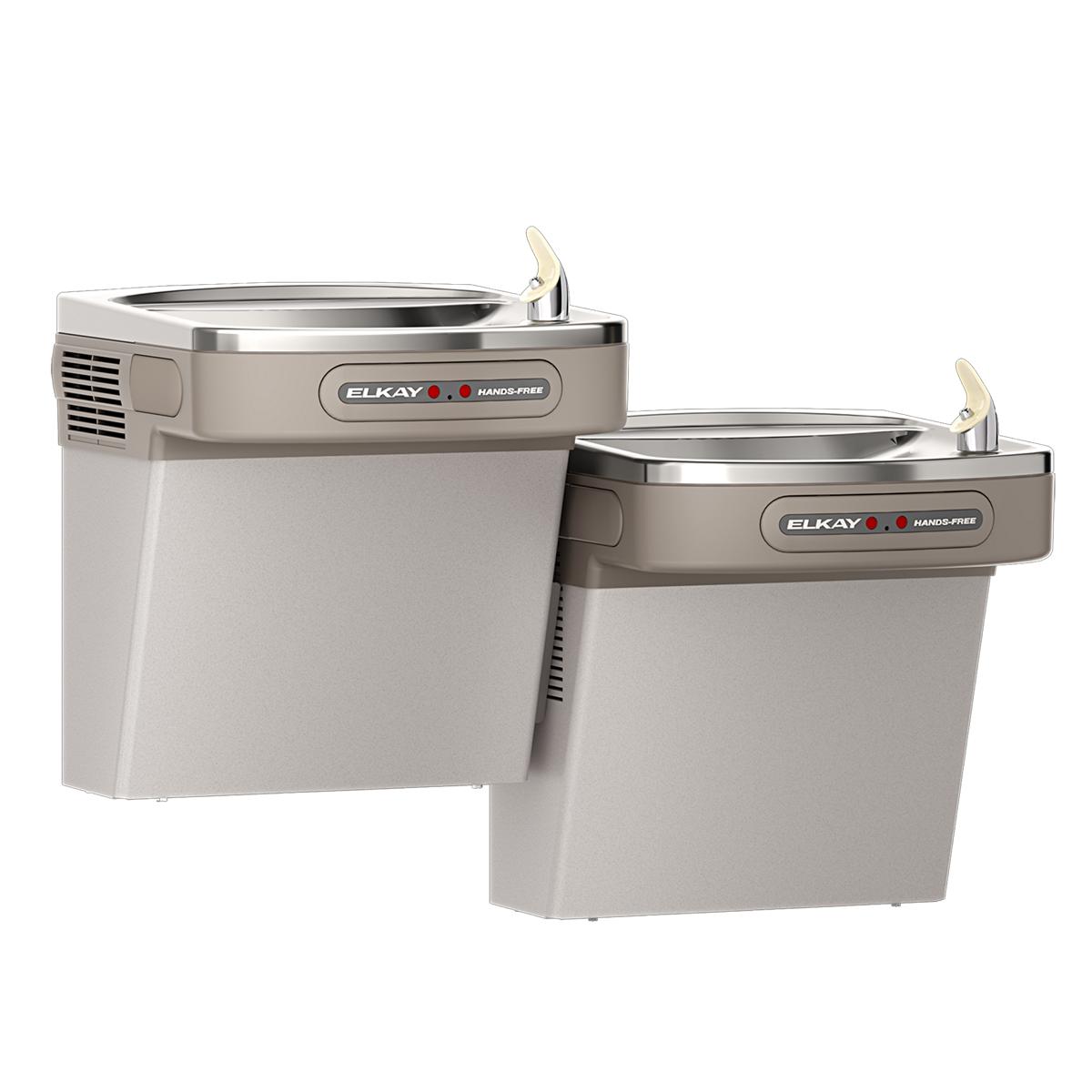 Light gray Elkay dual-level water cooler with stainless steel basins and hands-free activation buttons.