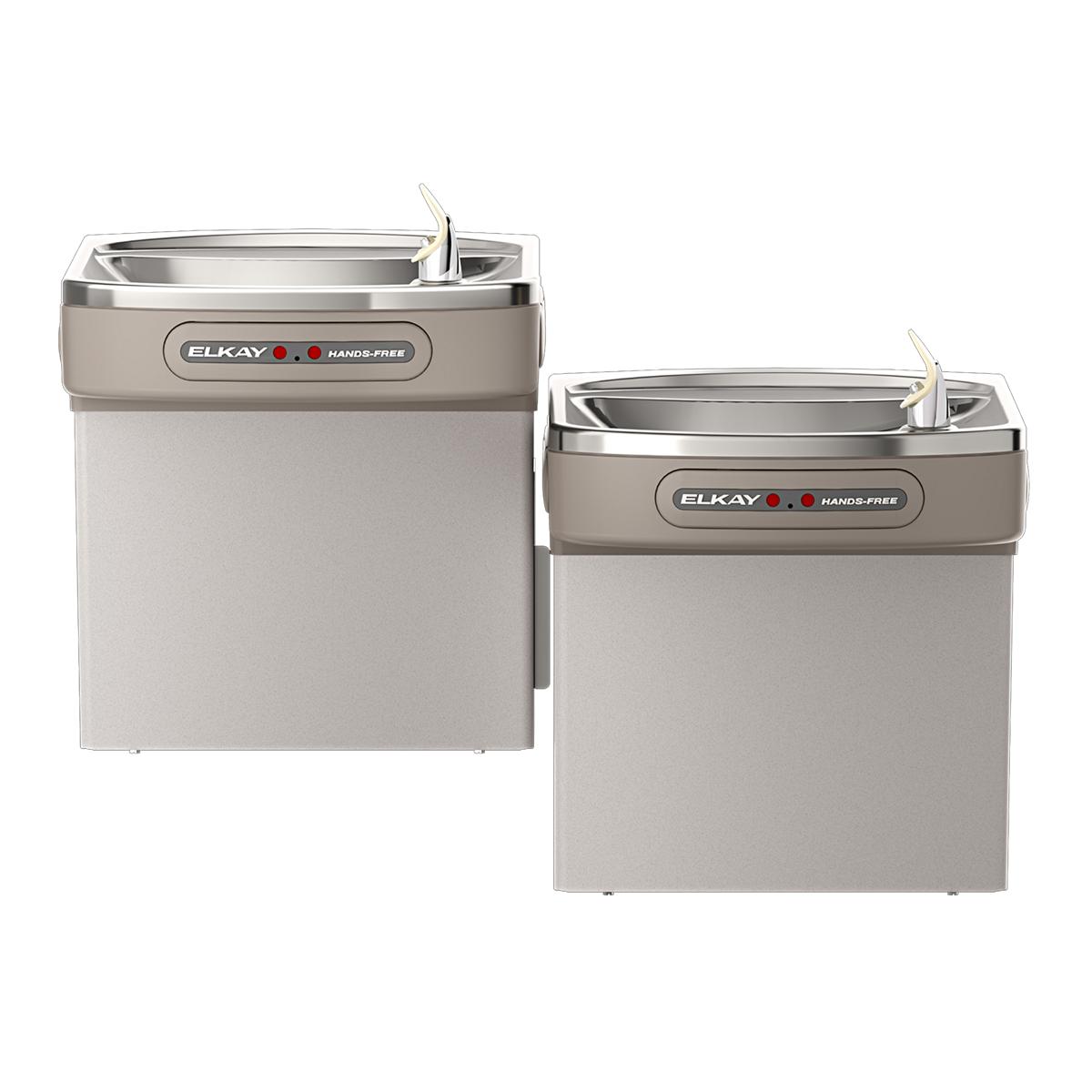 Two light gray Elkay water coolers with stainless steel tops, hands-free activation buttons, and drinking fountains at differ