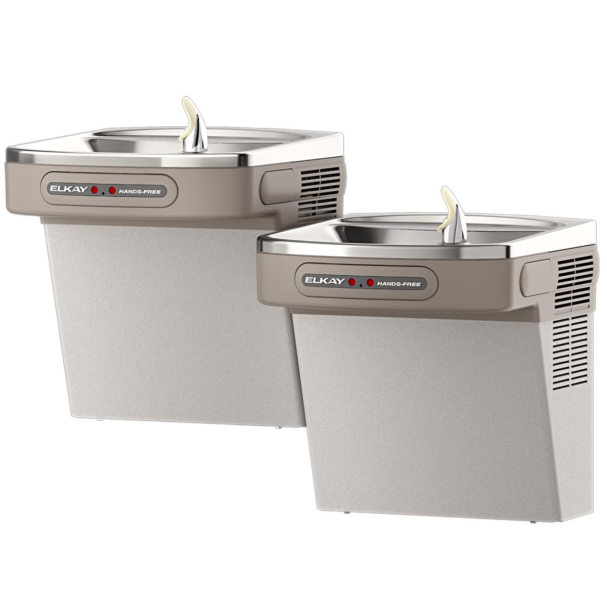 Light gray dual-level water cooler with stainless steel top and hands-free activation spouts.
