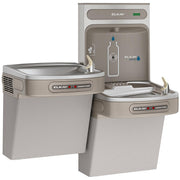 Light gray Elkay water station with two hands-free drinking fountains at different heights and an upper bottle filling statio
