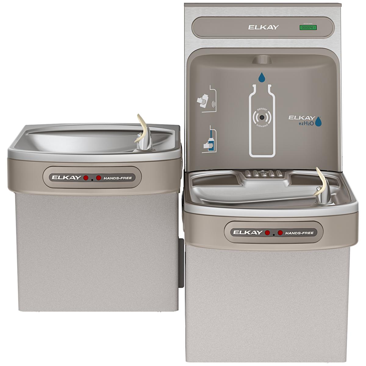 Light gray Elkay ezH2O dual-level bottle filling station with hands-free activation and refrigerated cooler compartments.