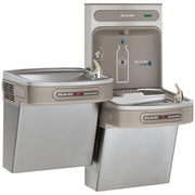Elkay stainless steel water filling station with two bi-level drinking fountains and upper bottle filler with hands-free acti