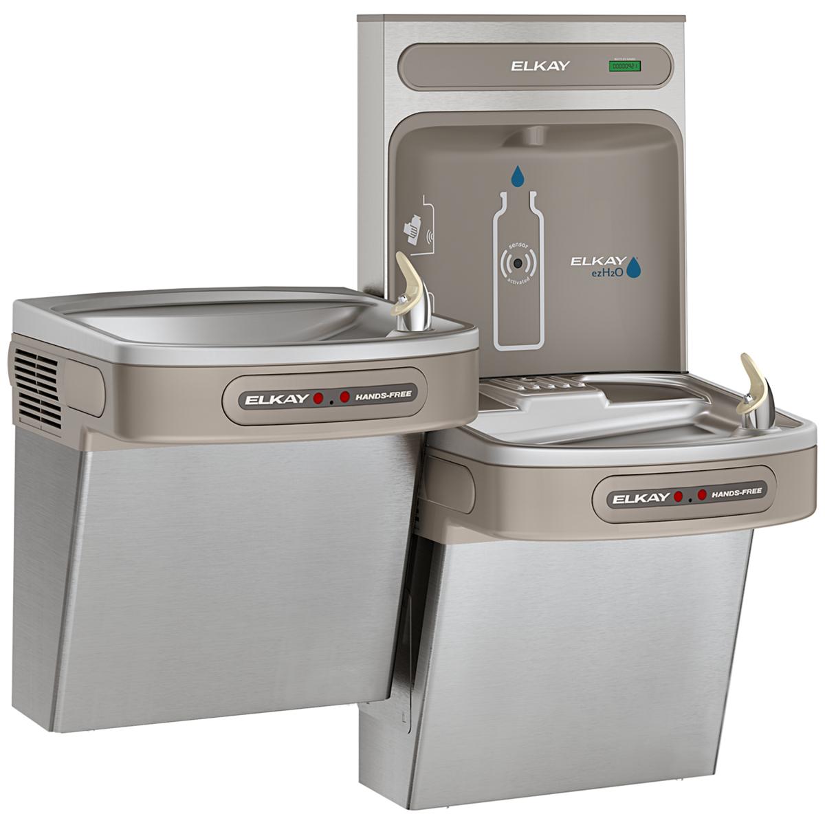 Elkay stainless steel water filling station with two bi-level drinking fountains and upper bottle filler with hands-free acti