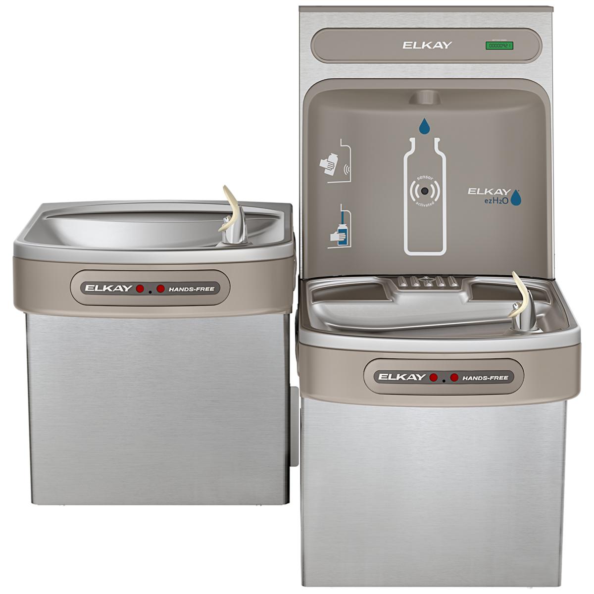 Stainless steel Elkay ezH2O dual-level water bottle filling stations with hands-free activation and integrated drinking fount