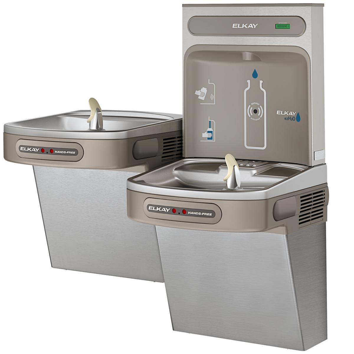 Elkay stainless steel bi-level water fountain with dual hands-free activation and wall-mounted bottle filling station.