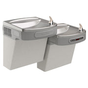 Elkay bi-level wall-mounted water cooler with two drinking fountains, stainless steel tops, and light gray granite finish bas
