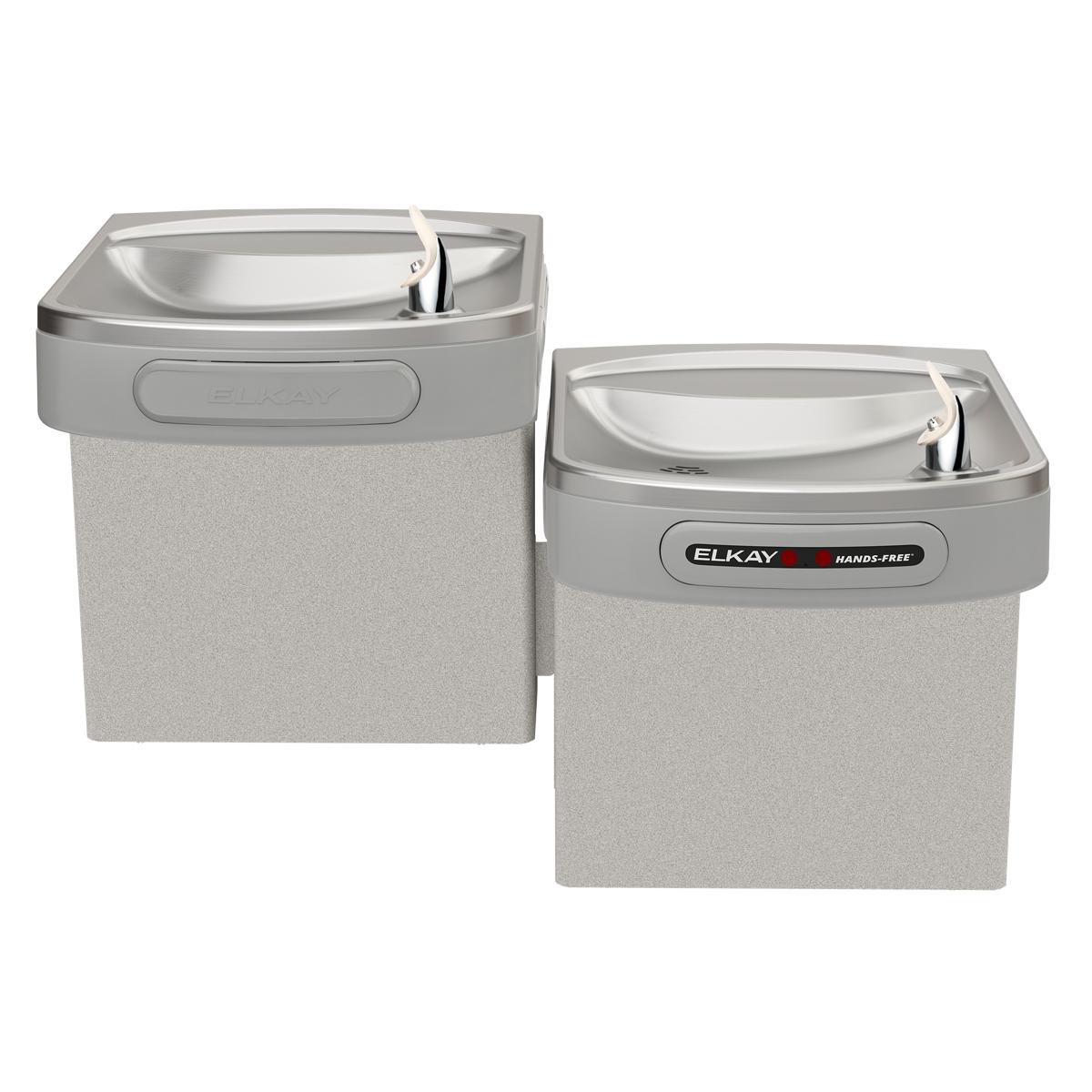 Two wall-mounted Elkay water coolers with light gray granite finish and stainless steel drinking fountains, one taller than t