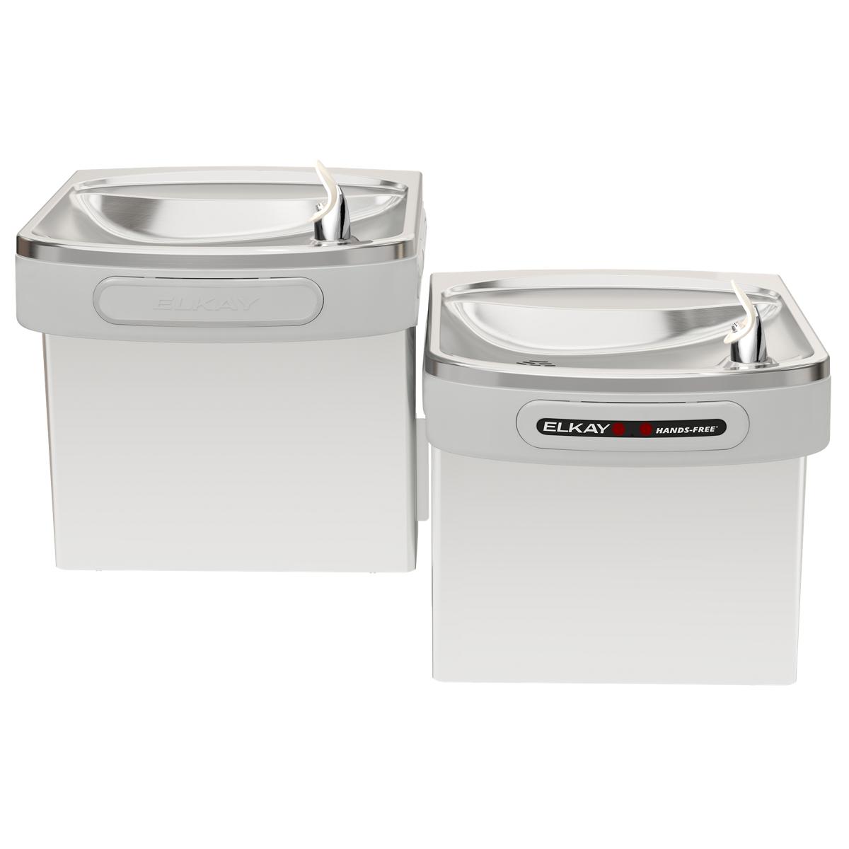 Elkay wall-mounted water cooler with two stainless steel basins at different heights and hands-free activation.