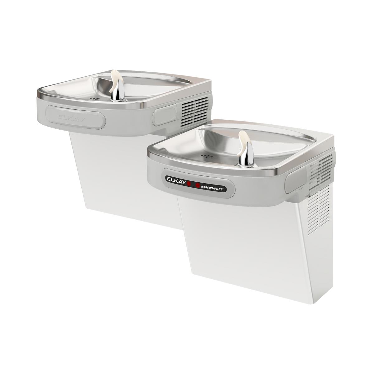 Stainless steel wall-mounted water cooler with two drinking fountains at different heights and hands-free activation.