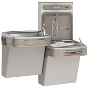 Light gray Elkay water station with two bowl fountains at different heights, wall-mounted bottle filler with hands-free activ