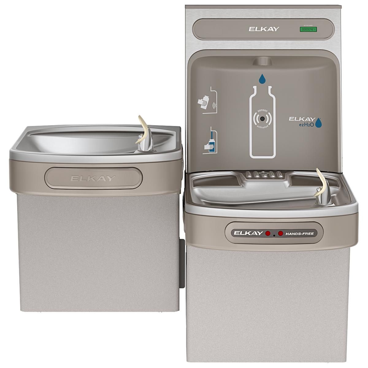 Light gray Elkay ezH2O dual-level water filling station with hands-free activation and refrigerated bottle filler on right, d