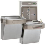 Stainless steel water fountain with two drinking bowls at different heights and a bottle filling station with hands-free acti