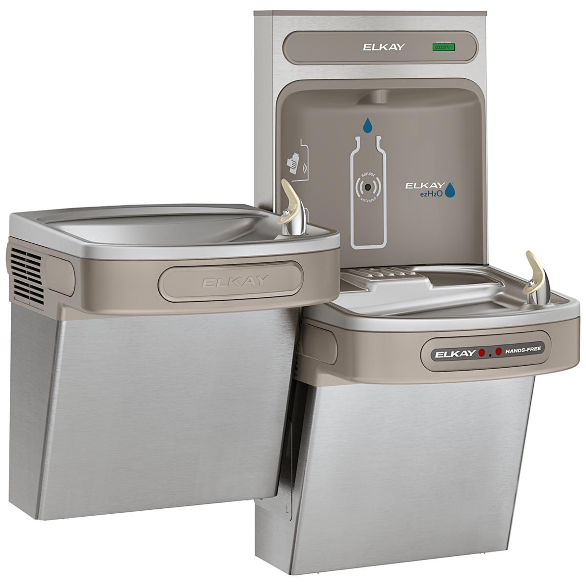 Stainless steel water fountain with two drinking bowls at different heights and a bottle filling station with hands-free acti