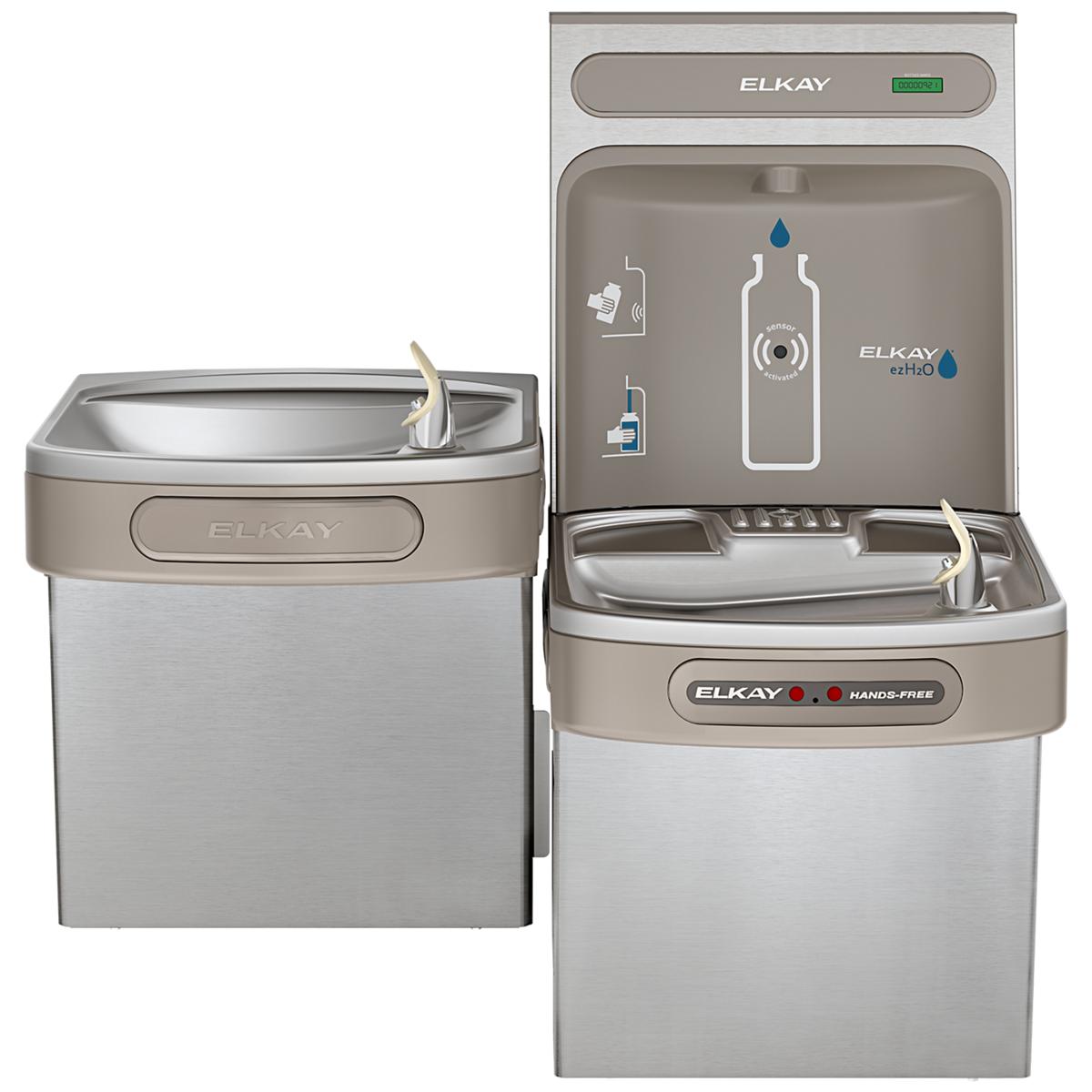 Elkay ezH2O stainless steel bottle filling stations with bi-level basins, hands-free activation, and refrigerated water dispe