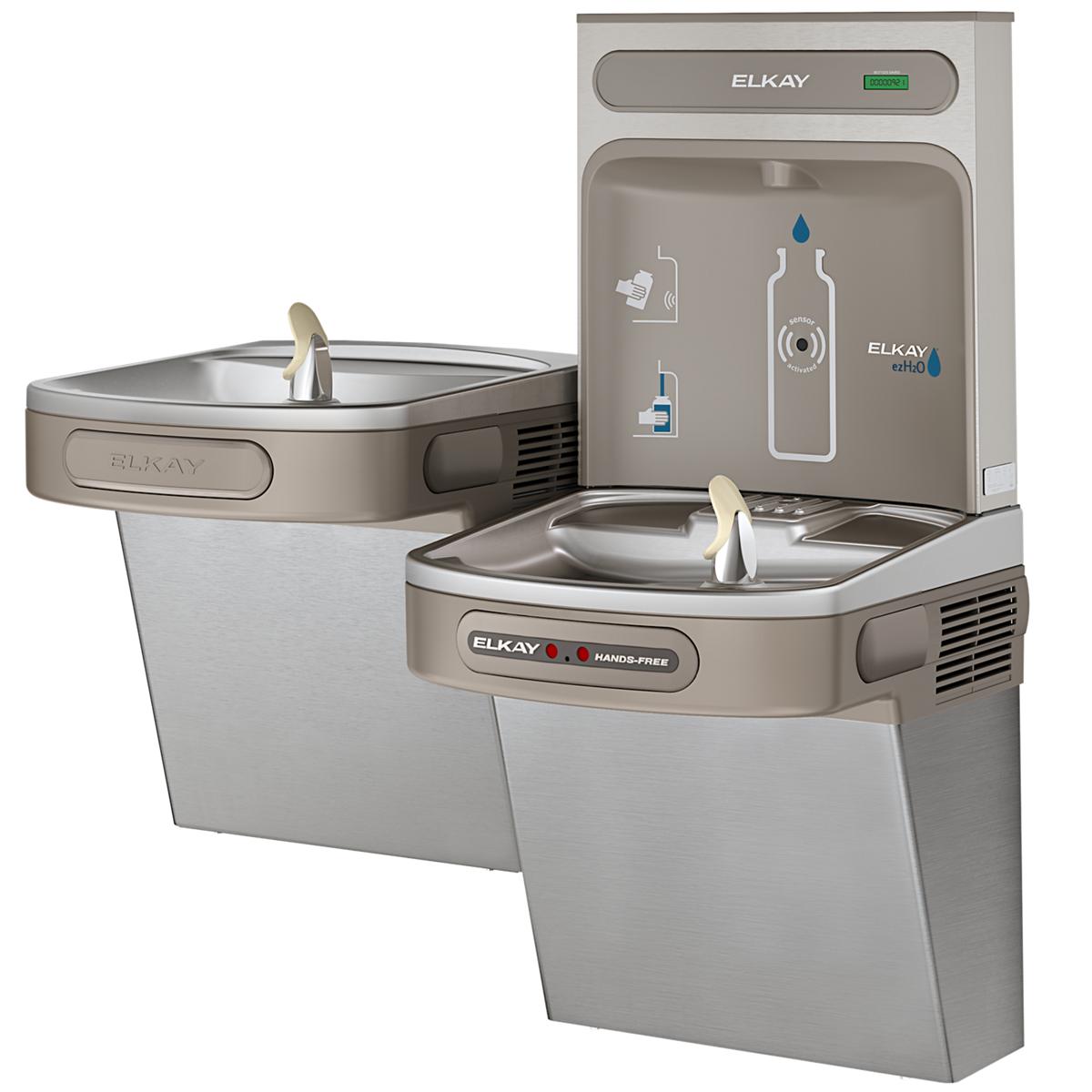 Stainless steel dual-level water filling station with rounded basin and bottle fill spout on upper unit, lower drinking fount