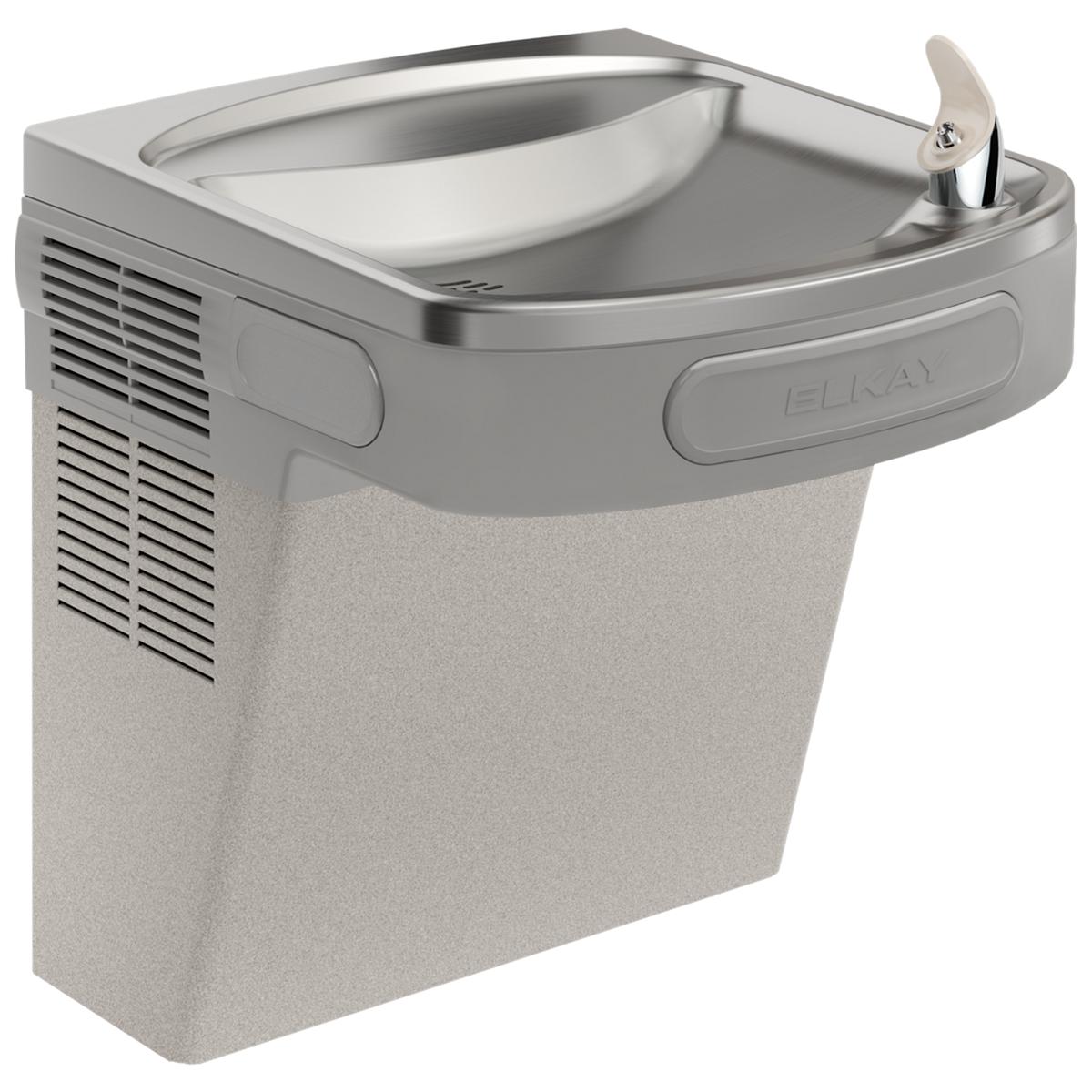 Wall-mounted light gray granite water cooler with stainless steel basin, drinking fountain spout, and ventilation grilles on 