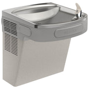 Wall-mounted light gray granite water cooler with stainless steel basin, drinking fountain spout, and ventilation grilles on 