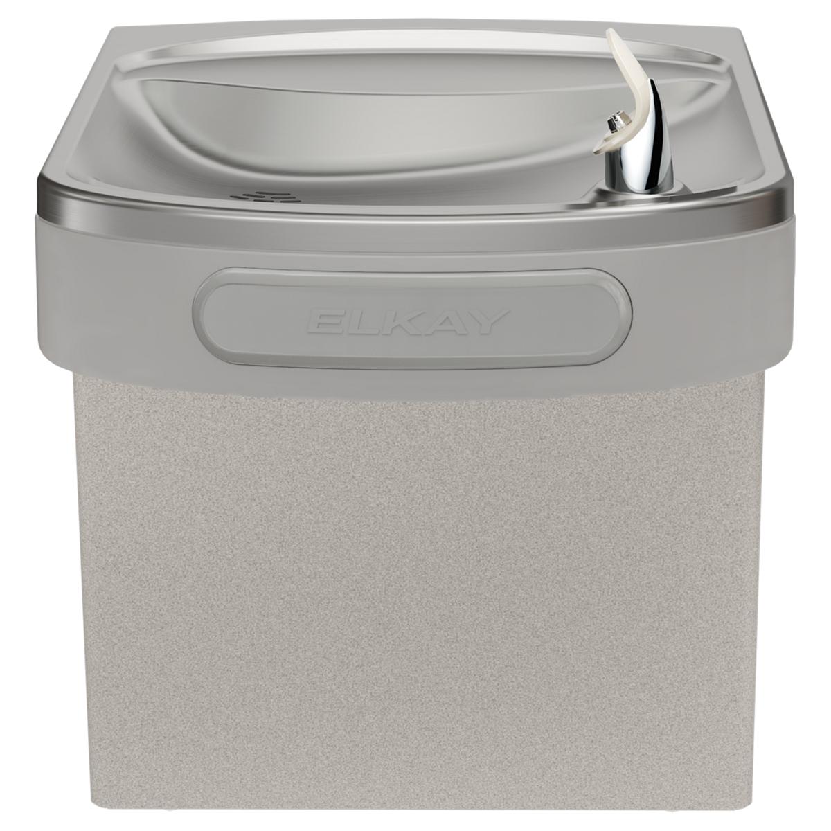 Wall-mounted water cooler with curved drinking basin, chrome faucet, and light gray granite finish.