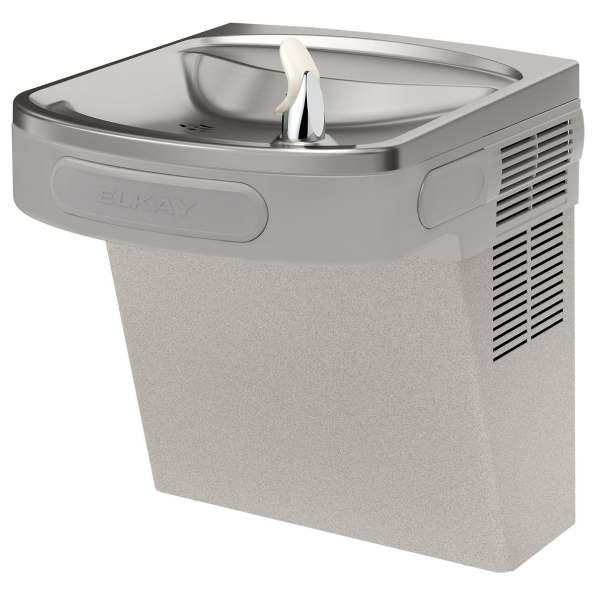 Light gray granite wall-mounted water cooler with curved basin, white filler spout, and side-mounted cooling unit.