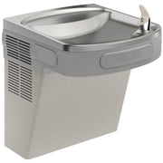 Wall-mounted water cooler with curved basin, silver top and lever handle, light gray granite lower section with ventilation g