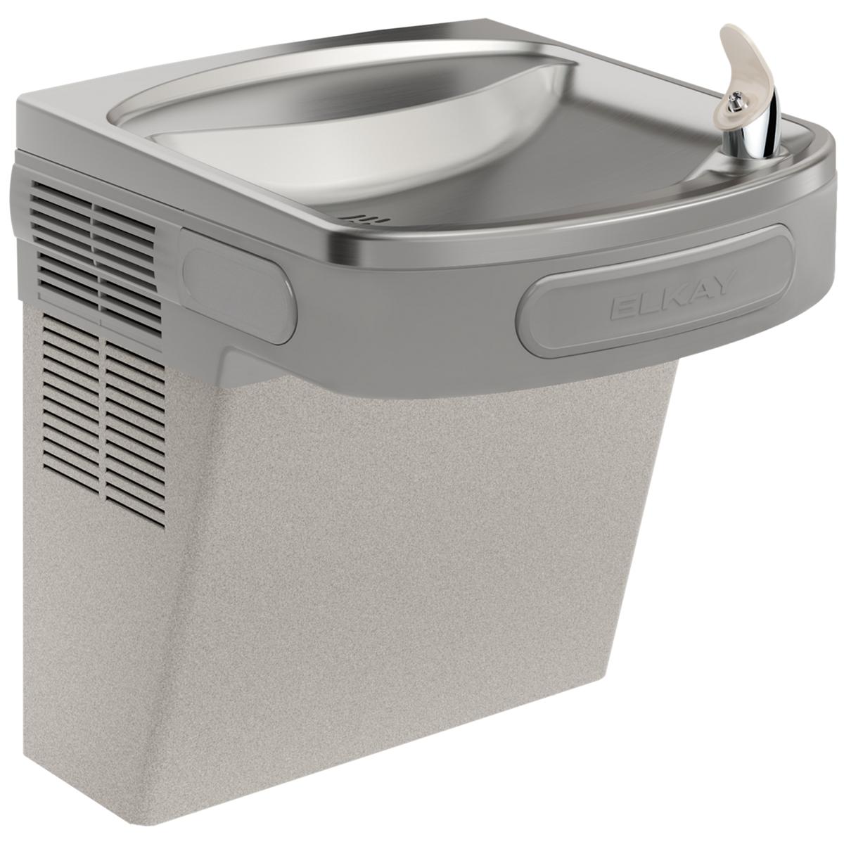 Wall-mounted water cooler with curved basin, silver top and lever handle, light gray granite lower section with ventilation g