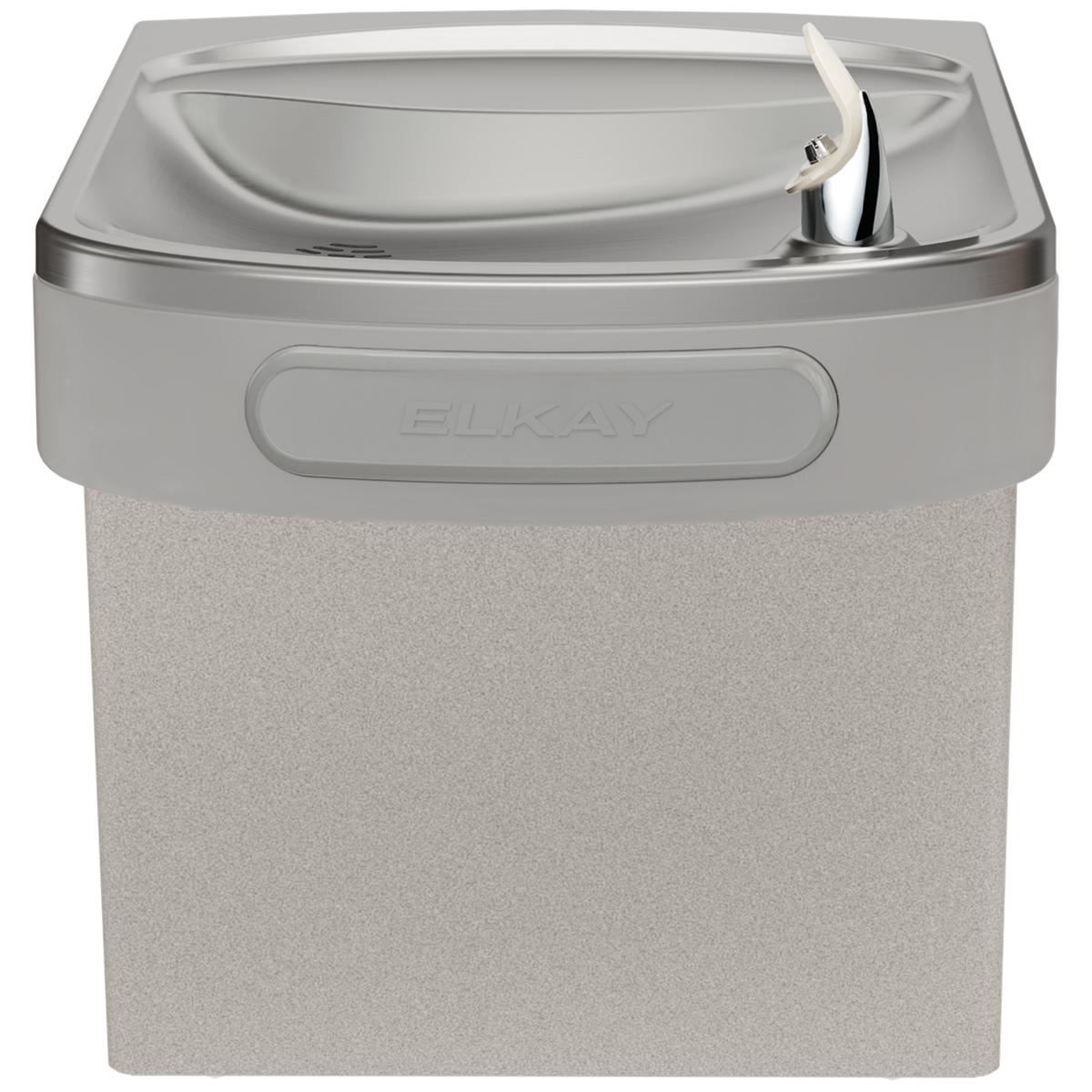 Wall-mounted Elkay water cooler with light gray granite finish, curved drinking basin, and chrome spout.