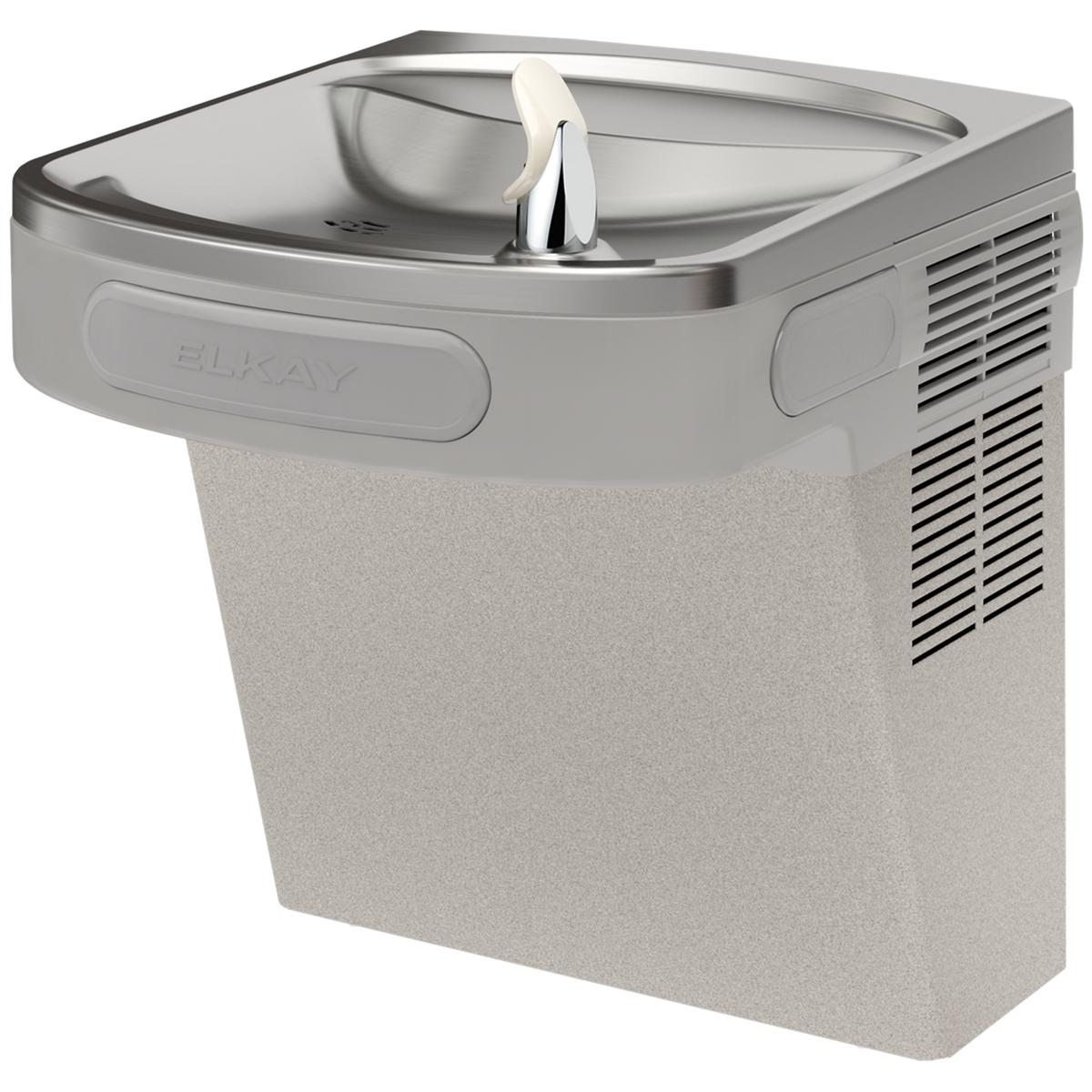 Light gray granite wall-mounted water cooler with curved basin, white arc spout, and cooling unit on right side.