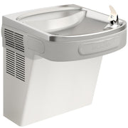 Stainless steel wall-mounted water cooler with curved basin, drinking fountain spout, and refrigeration unit on left side.
