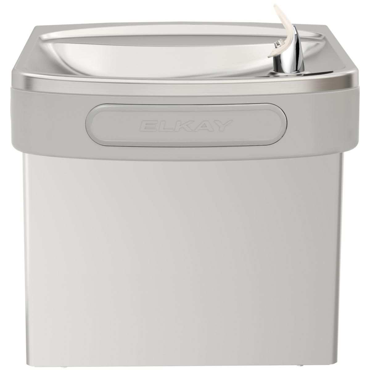 Stainless steel wall-mount water cooler with curved basin, chrome spout, and Elkay branding on front panel.