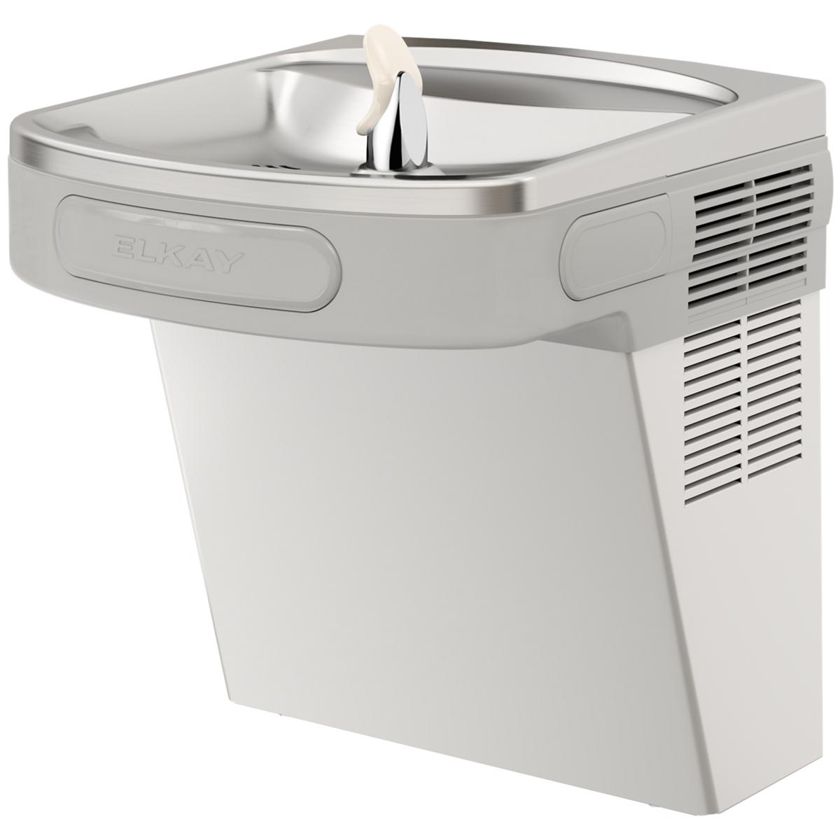 Stainless steel wall-mounted water cooler with curved basin, drinking fountain spout, and refrigeration unit on right side.