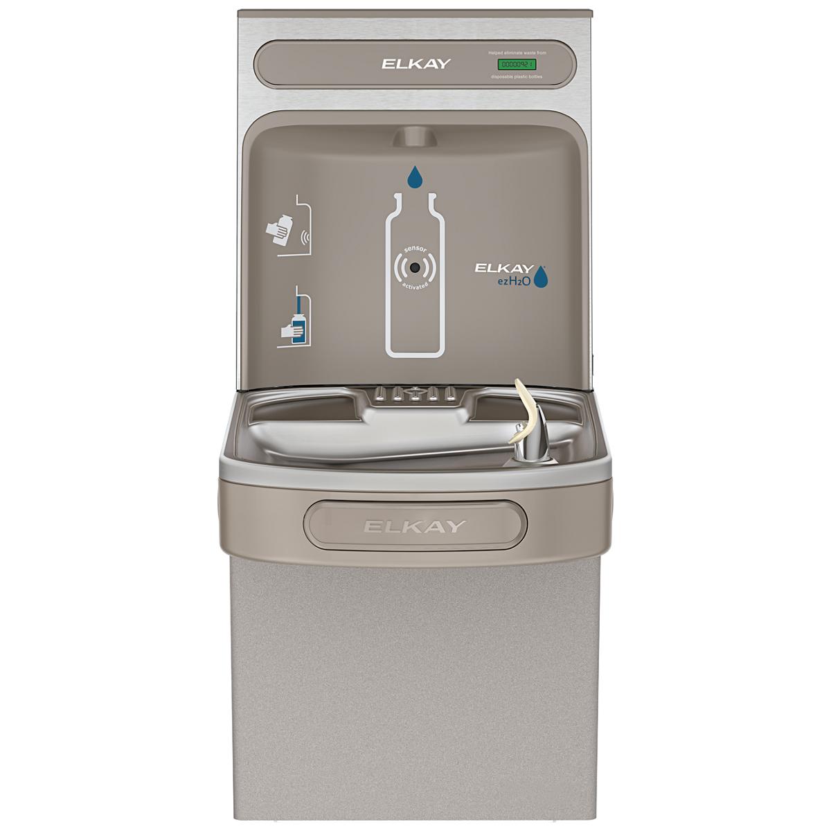 Light gray Elkay ezH2O bottle filling station with single ADA cooler, refrigerated non-filtered water dispenser and bottle fi