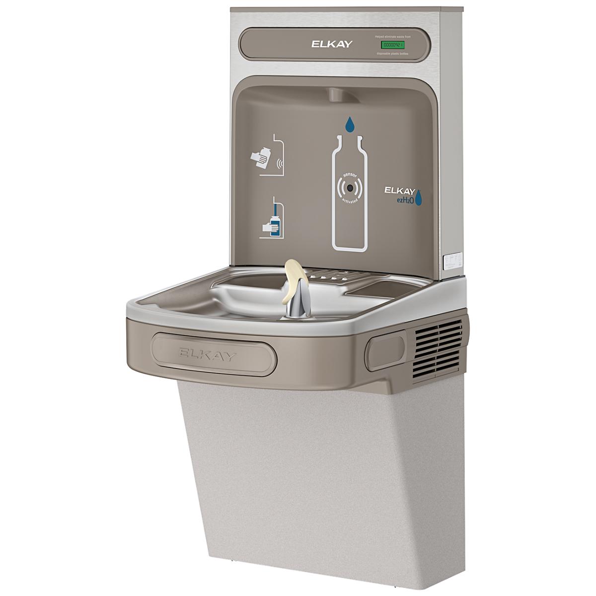 Light gray Elkay ezH2O bottle filling station with single refrigerated cooler basin and digital display panel.