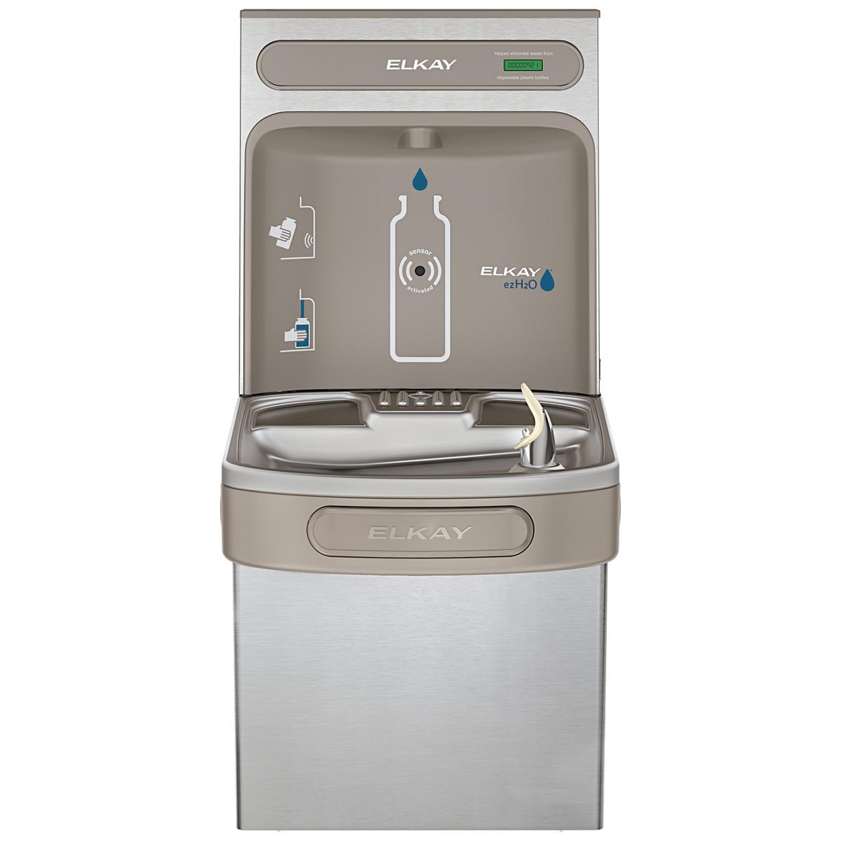 Stainless steel Elkay ezH2O bottle filling station with refrigerated cooler and dispensing spout for water bottles.
