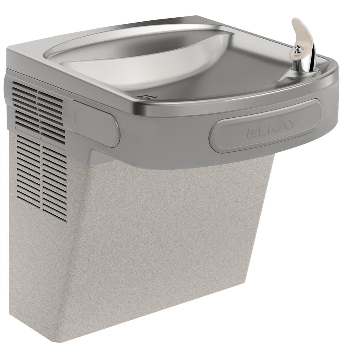 Light gray granite wall-mounted water cooler with curved basin and single foot pedal lever.