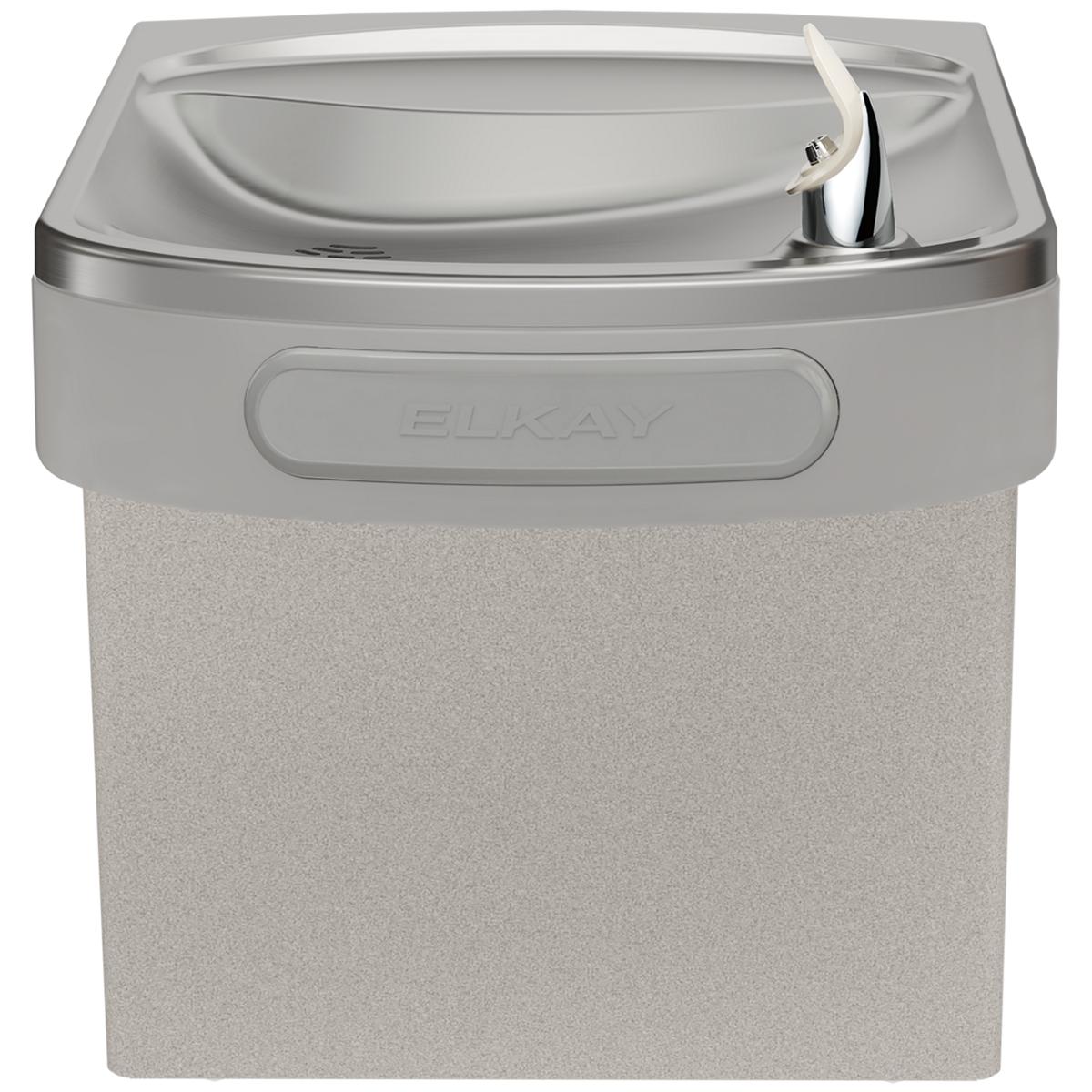 Light gray granite wall-mounted water cooler with curved basin and chrome drinking fountain spout.
