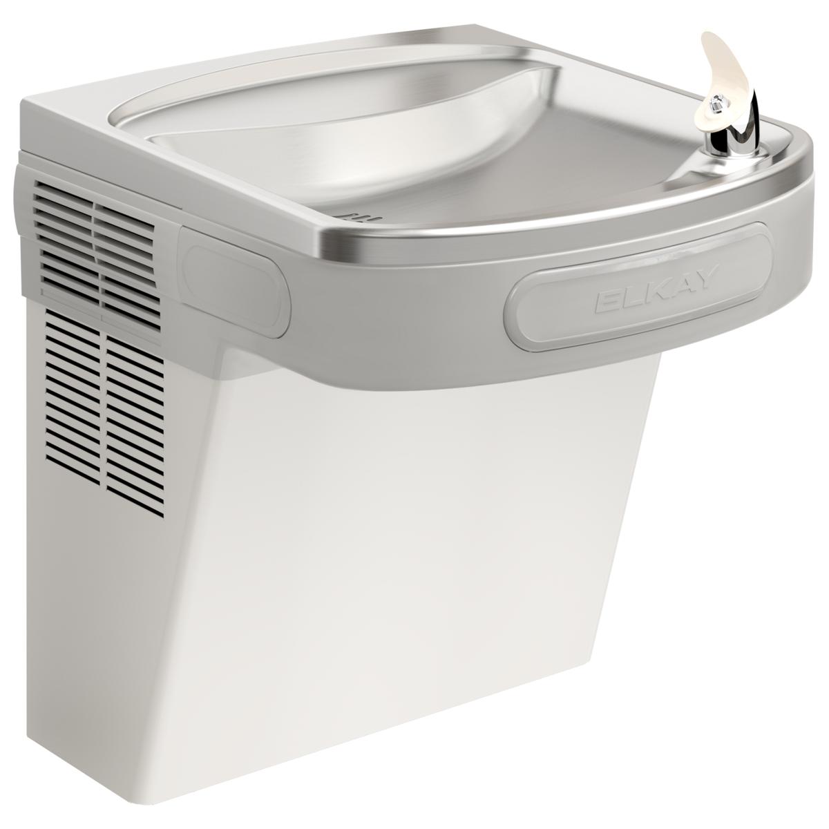 Stainless steel wall-mounted water cooler with curved basin, foot pedal, and ventilation grille on side.