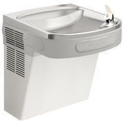 Stainless steel wall-mounted water cooler with curved basin, foot pedal, and ventilation grille on side.