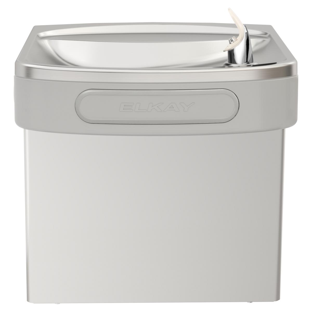 Elkay stainless steel wall-mounted water cooler with curved basin and chrome drinking fountain spout.