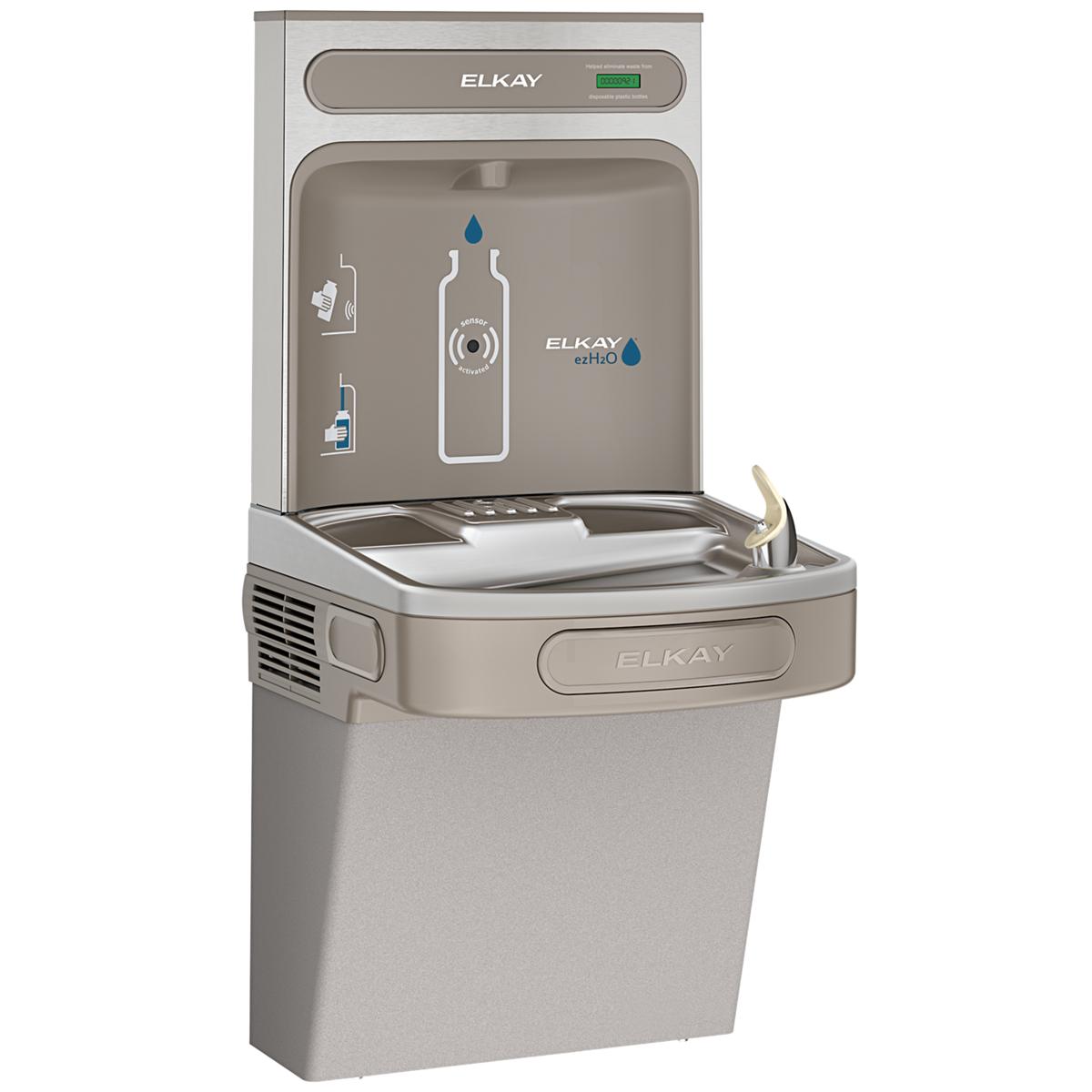 Light gray Elkay ezH2O bottle filling station with single ADA cooler, featuring bottle fill spout and drinking fountain outle