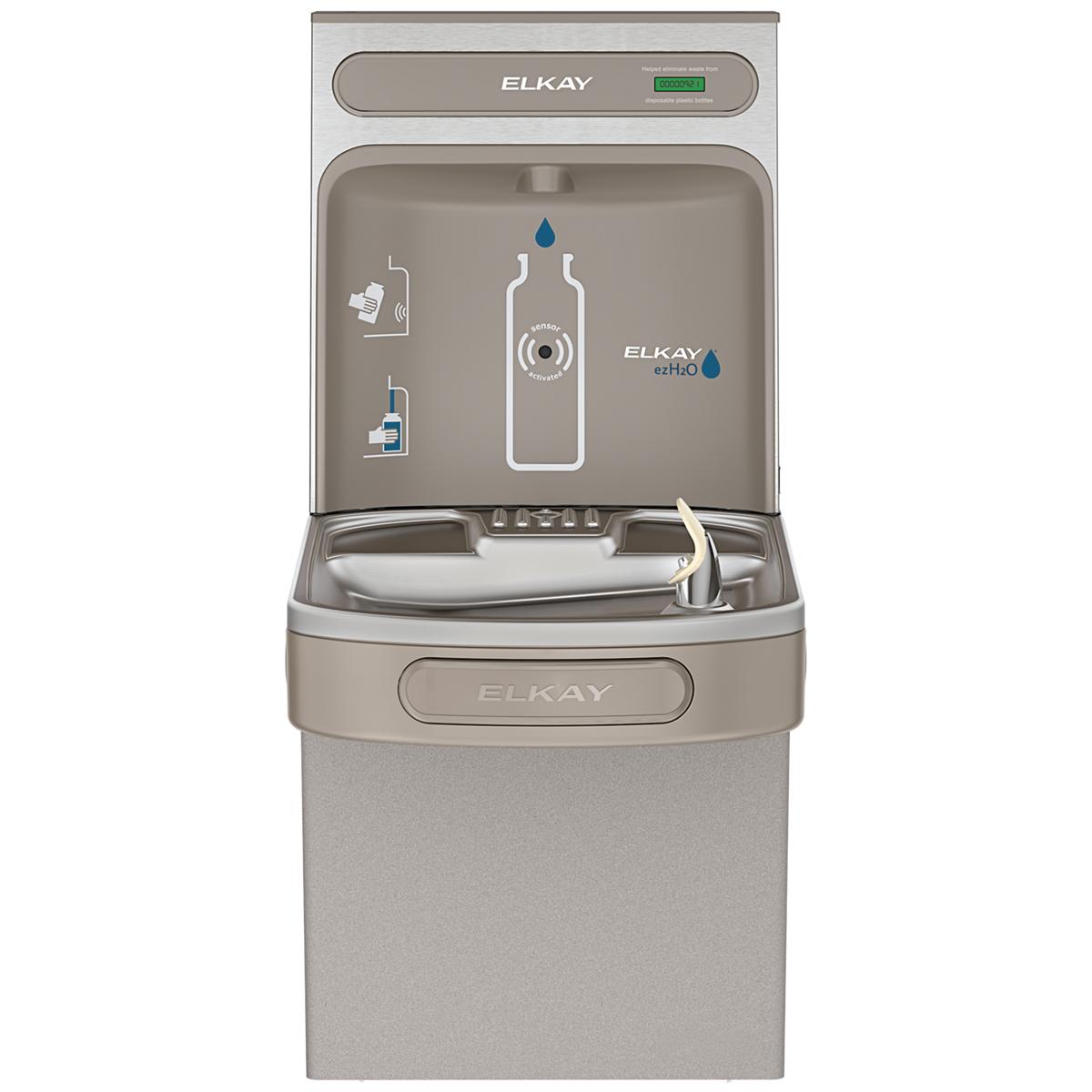 Light gray Elkay ezH2O bottle filling station with single ADA cooler, featuring bottle fill spout and control panel.