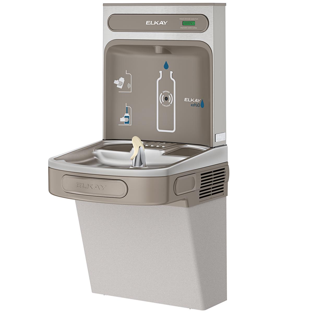 Light gray Elkay ezH2O bottle filling station with single ADA cooler, drinking fountain spout, and control panel.