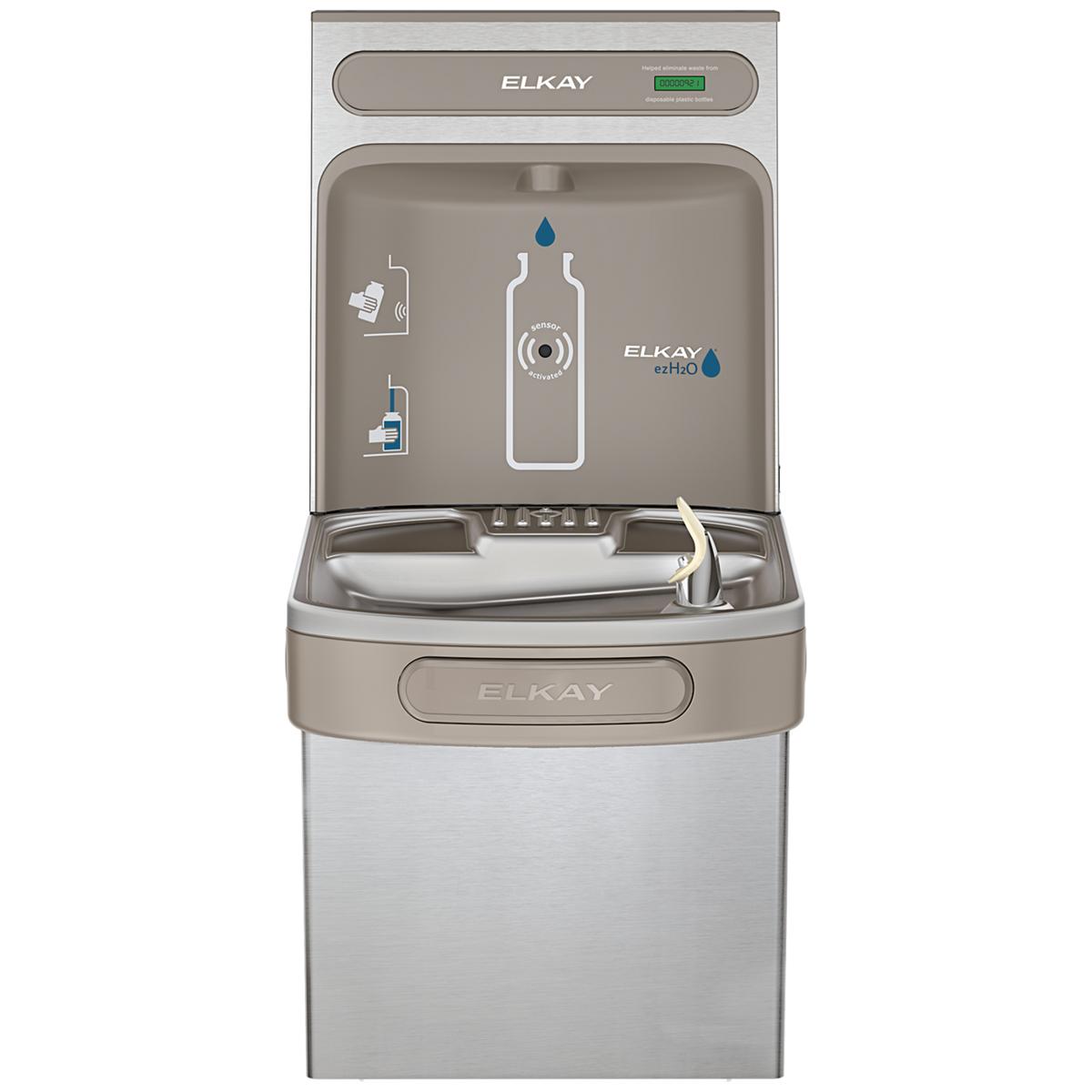 Stainless steel Elkay water bottle filling station with single ADA cooler, gray top unit with water bottle graphic and dispen