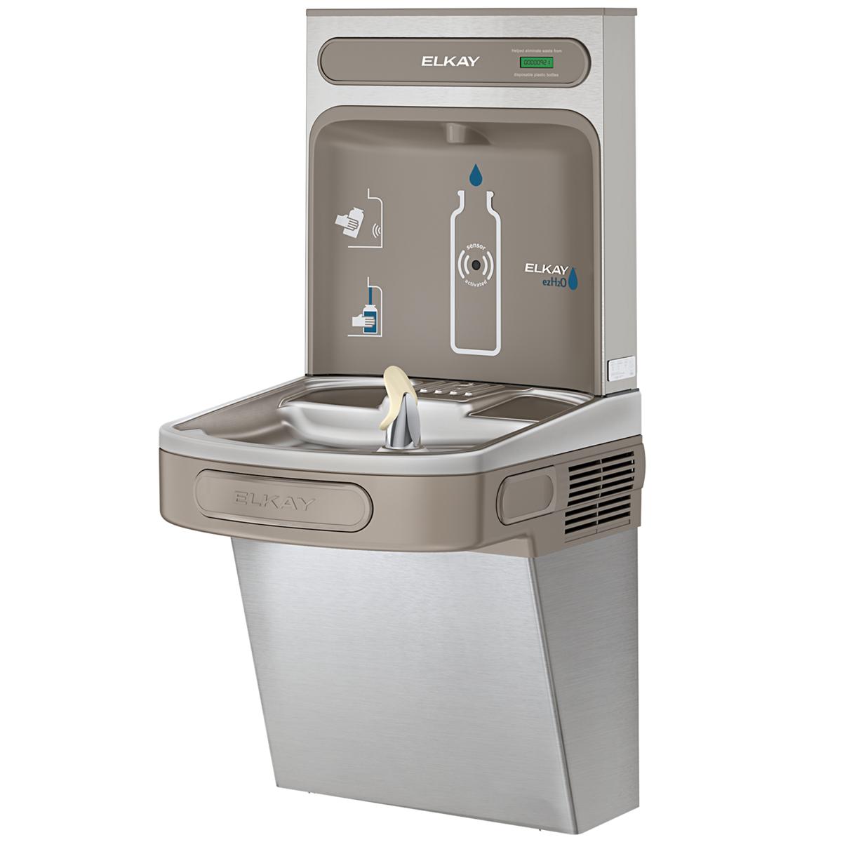 Elkay stainless steel bottle filling station with single ADA cooler, spout, and basin for water dispensing.