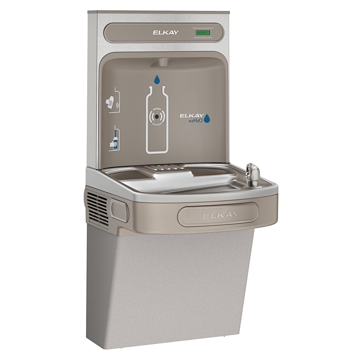 Light gray Elkay ezH2O bottle filling station with single cooler basin, bottle fill opening, and mechanical controls on front