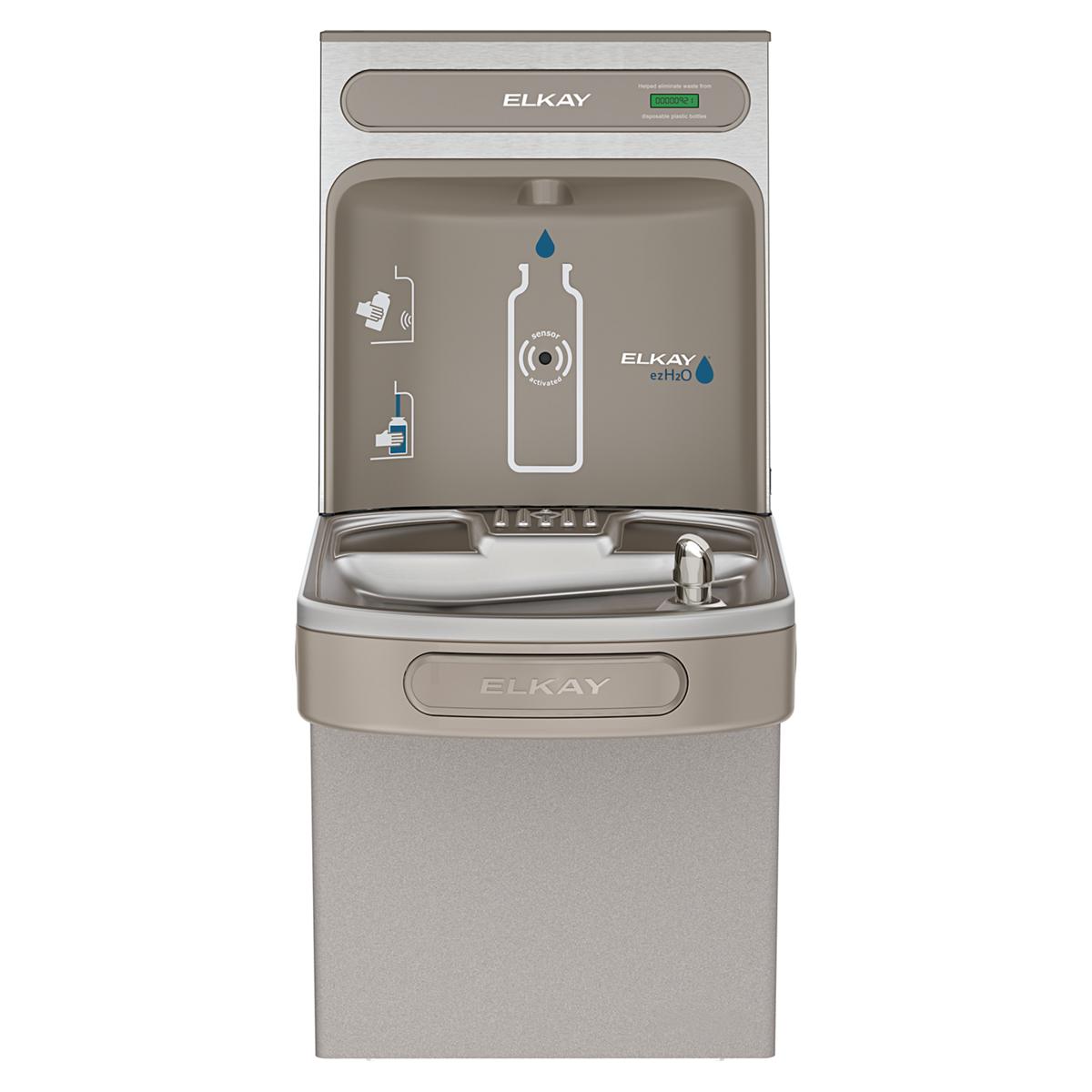 Light gray Elkay ezH2O bottle filling station with single water dispenser and instruction diagrams on upper panel.