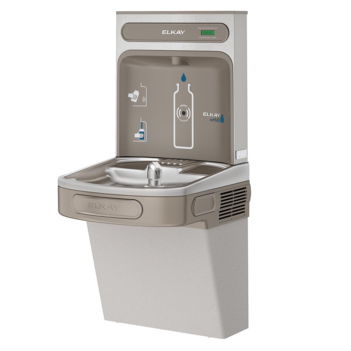 Light gray Elkay ezH2O bottle filling station with single basin, digital display, and bottle fill spout.