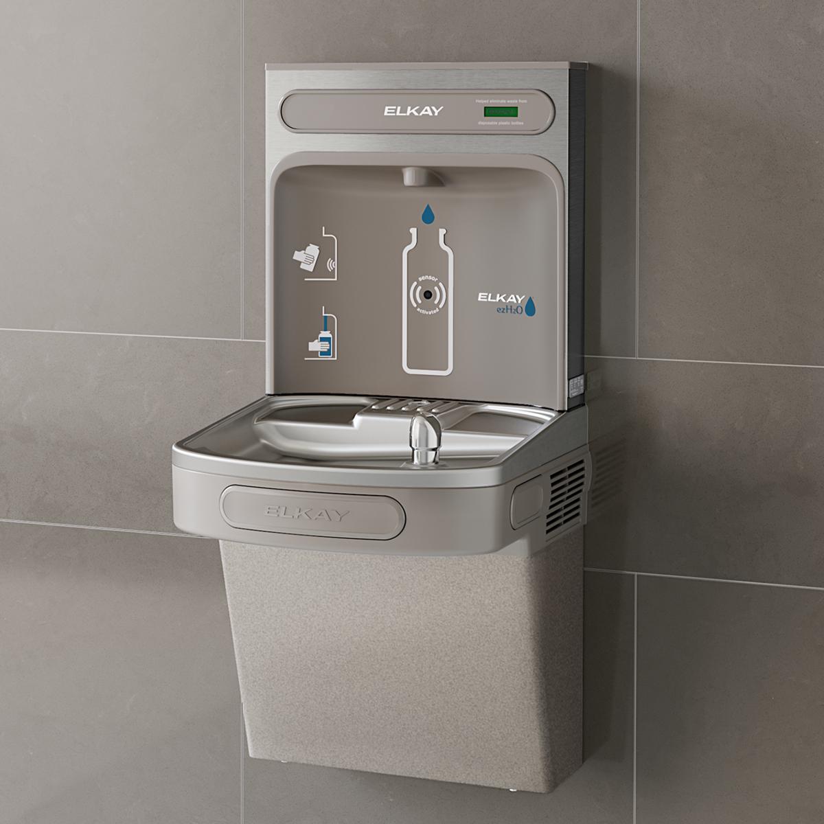 Light gray Elkay ezH2O wall-mounted bottle filling station with single cooler basin and instruction icons.