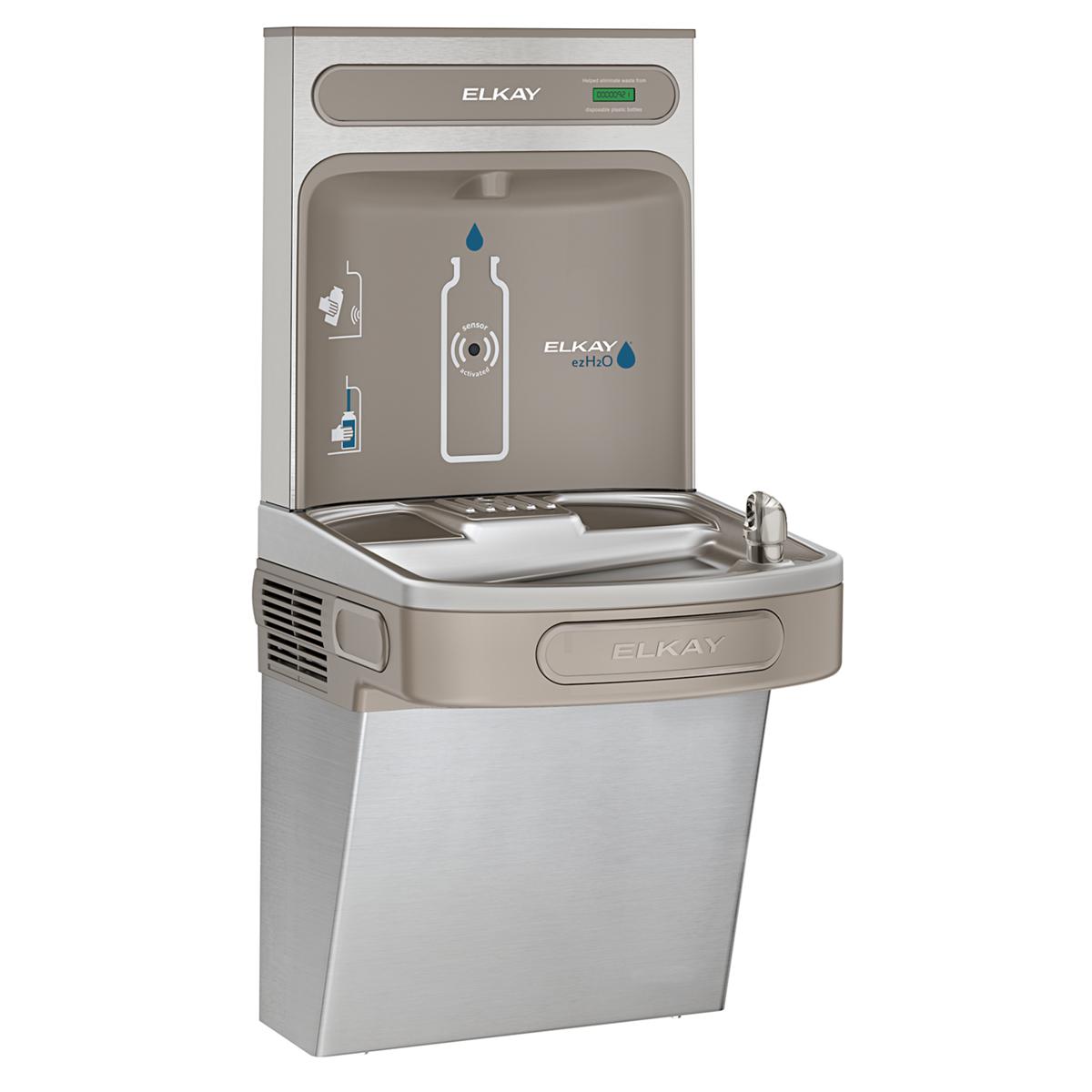 Elkay ezH2O stainless steel bottle filling station with single cooler basin and front-mounted faucet.